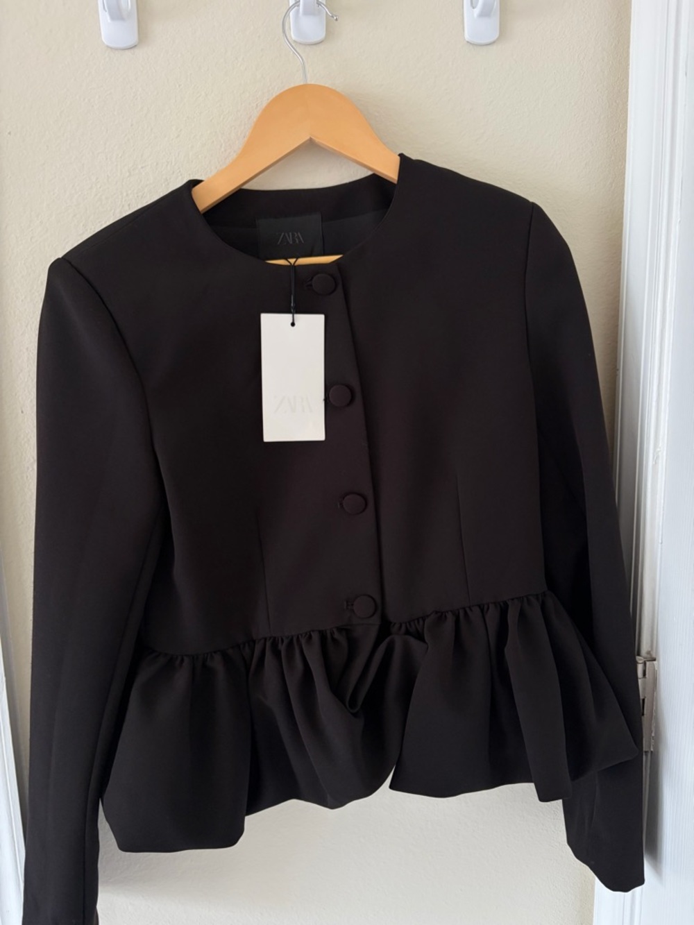 Zara Black Peplum Round-Neck Button Jacket